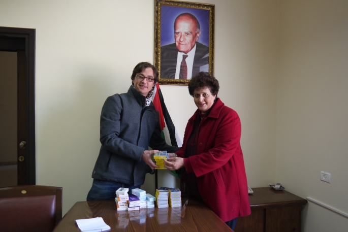 Meeting the inspirational Dr Mona El Farra to hand over some medicine donated by Gaza's Ark to the Red Crescent Society in Gaza.